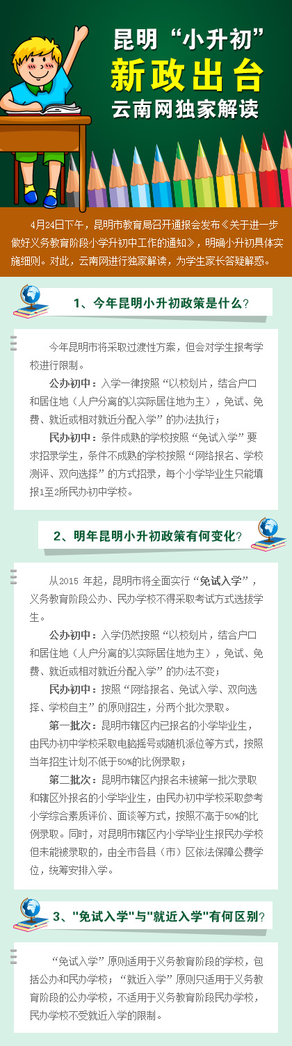 昆明“小升初”新政出台 昆明“小升初”新政出台